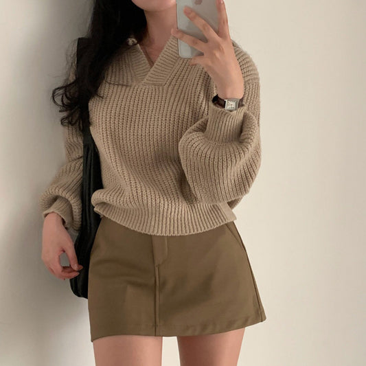 Women's V-neck Lapel Long-sleeved Sweater Slim Fit Slimming Sweater